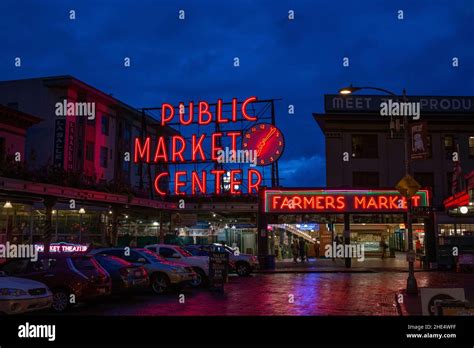 Seattle Public Market Center at night Stock Photo - Alamy