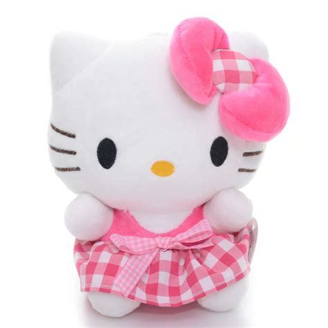 Cute Hello Kitty Plush Dolls Pink Grid Skirts Hello Kitty Cat Bow Plush ...