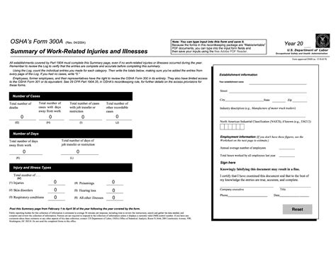 OSHA Form 300A. Summary of Work-Related Injuries and Illnesses | Forms ...