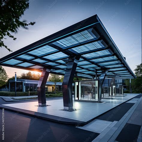 a modern architecturally designed solar carport located in front of an ...