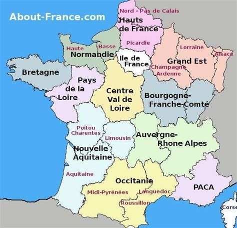 Map of the French regions, showing the regions of metropolitan France ...