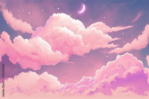 Anime Pink Sky with Clouds and Crescent Moon. Generative AI. Stock ...