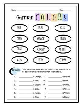 German Colors Worksheet Packet by Sunny Side Up Resources | TpT