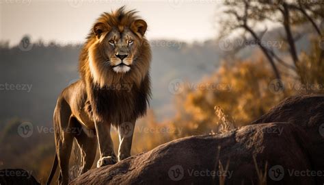 Majestic lion standing in the savannah, roaring with aggression ...