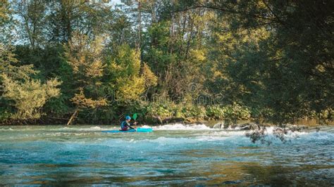 Man Kayaking Upstream, Paddling on the Turbulent River Stock Image ...