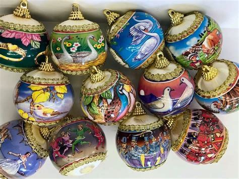 Vintage 12 Days of Christmas Ornaments Satin Ball Gold Trim Colorful ...