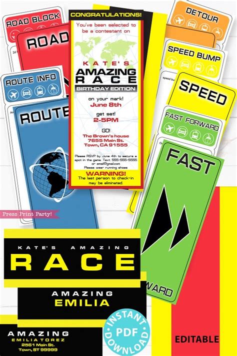 The Amazing Race Party Printable Invitation and Clue Cards,Editable ...