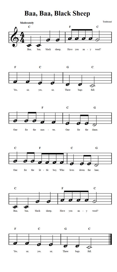 Baa, Baa, Black Sheep: Beginner Sheet Music with Chords and Lyrics