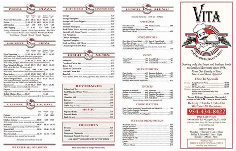 Menu at Vita Italian Restaurant & Pizza, Cooper City