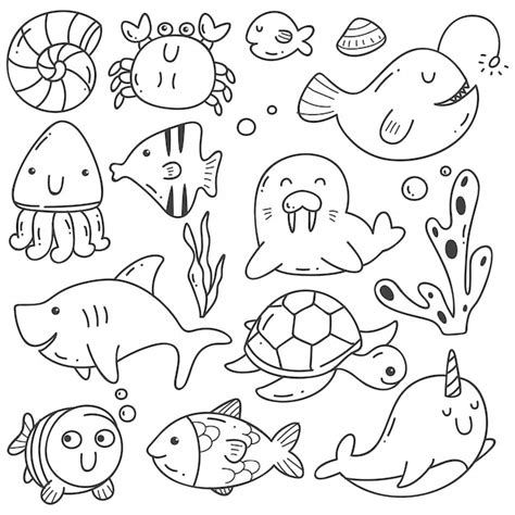 Premium Vector | Sea animals doodle kawaii line art