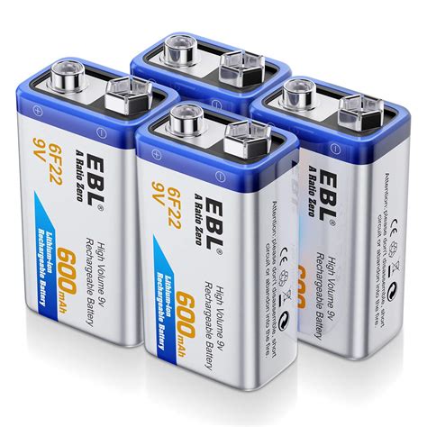 Buy EBL 9 Volt Rechargeable Batteries Lithium ion 9V 600mAh Li-ion ...