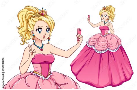 Cute anime princess taking selfie. Blondie girl wearing pink royal ...