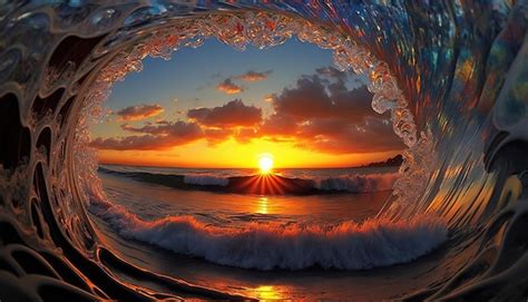 Premium Photo | A wave is breaking at sunset.