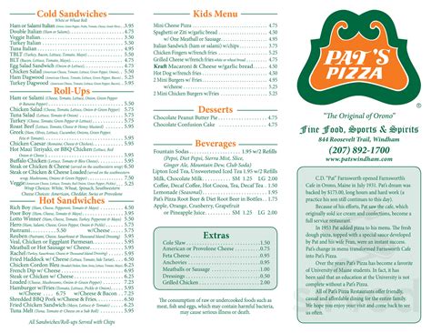 Pat's Pizza menu in Windham, Maine, USA