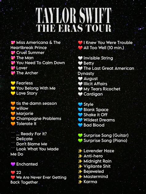 The Eras Tour Setlist | Taylor swift lyrics, Taylor swift songs, Taylor ...