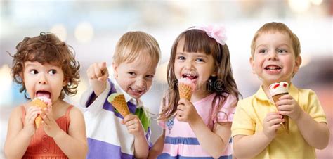 Children or Kids Group Eating Ice Cream Stock Image - Image of girl ...