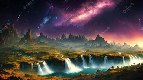 Premium Photo | A digital painting of a landscape with a galaxy and a ...