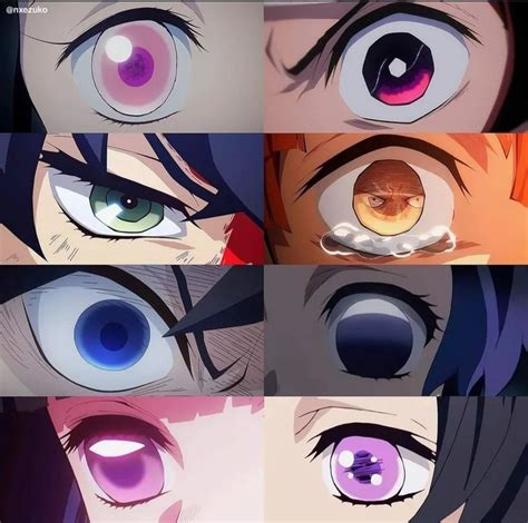 four anime eyes with different colors and shapes