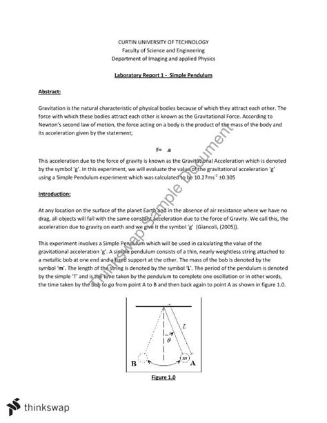 Simple Pendulum Lab Report | PHYS1006 - Foundations of Physics - Curtin ...