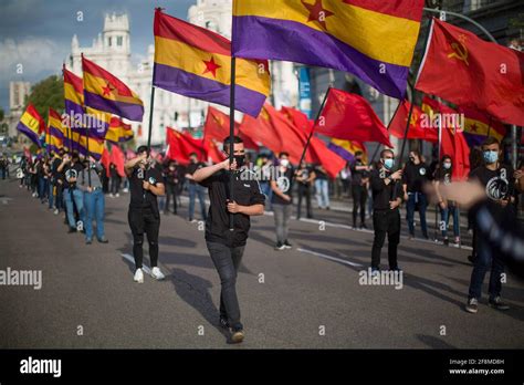 Madrid, Spain. 14th Apr, 2021. Young people holding Republican flags ...