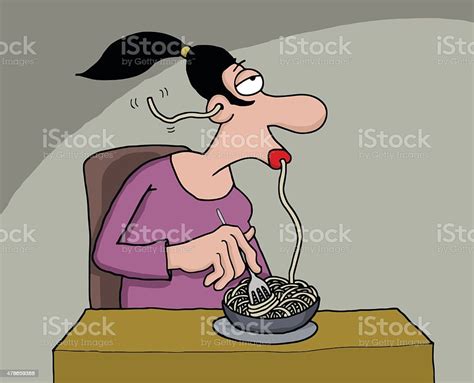 Funny Cartoon Of A Woman Eating Spaghetti Stock Illustration - Download ...