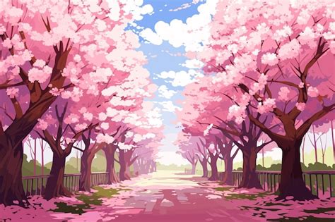 Premium Photo | A pink cherry blossom tree lined road with a path in ...