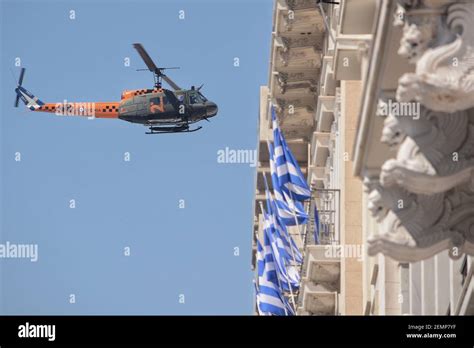 Helicopter of Greek army seen flying over during the Military parade ...