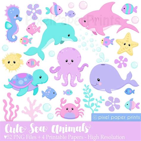 Cute Sea Animals - Ocean Animals Clip Art — PixelPaperPrints