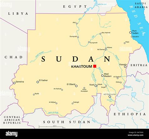 Sudan political map with capital Khartoum, national borders, important ...