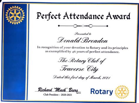 2020 Perfect Attendance Awards | Rotary Club of Traverse City