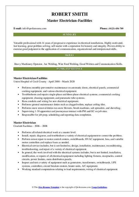 Master Electrician Resume Samples | QwikResume