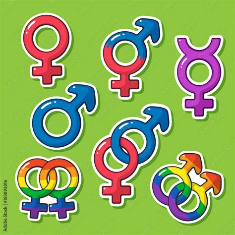 Vector illustration. Sticker set of gender symbols with rainbow signs ...