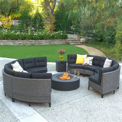 Noble House 10-Piece Faux Rattan Patio Fire Pit Sectional Seating Set ...