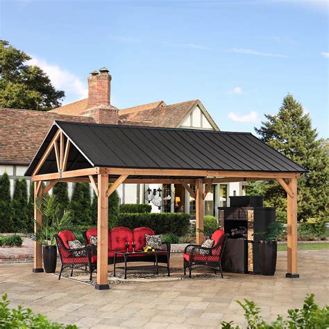 Sunjoy Columbus 14 ft. x 12 ft. Cedar Gazebo with Matte Black Steel ...