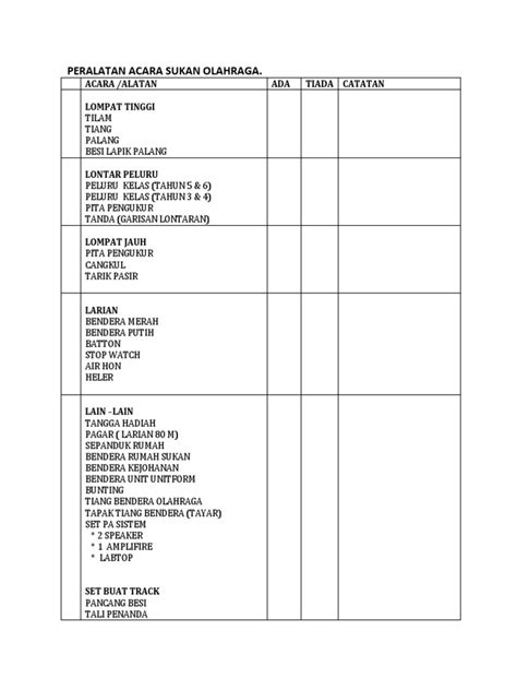 Senarai Peralatan Acara Sukan Olahraga | PDF