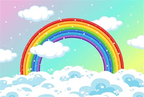 Free Vector | Rainbow with clouds and glitter on pastel sky background