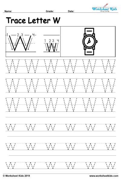 Letter W alphabet tracing worksheets - Free printable PDF