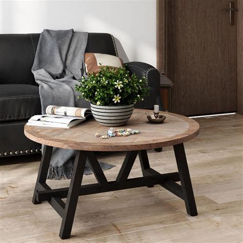 FUIN Rustic Farmhouse Brown Black Round Wood Coffee Table 36 in. D x 36 ...