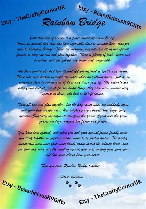 Rainbow Bridge Poem Pet Loss Memorial Bereavement Picture Dog | Etsy