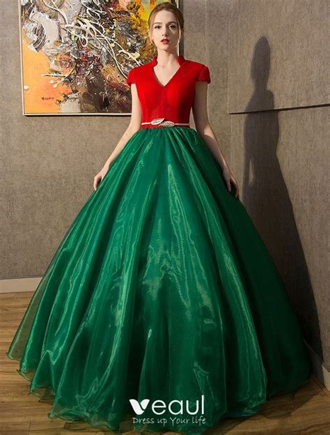 Vintage Prom Dresses 2016 V-neck Red Tulle Dark Green Organza Long ...