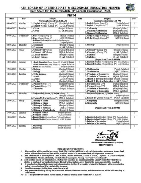 Bise Mirpur FA FSC HSSC Date Sheet 2023 Annual Exam