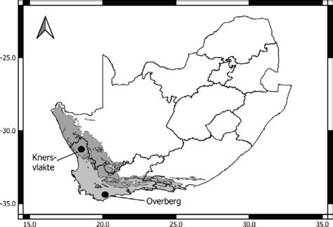 Map of South Africa with the extent of Succulent Karoo (dark grey) and ...