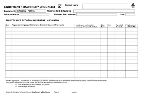 Equipment Maintenance Checklist Template Excel