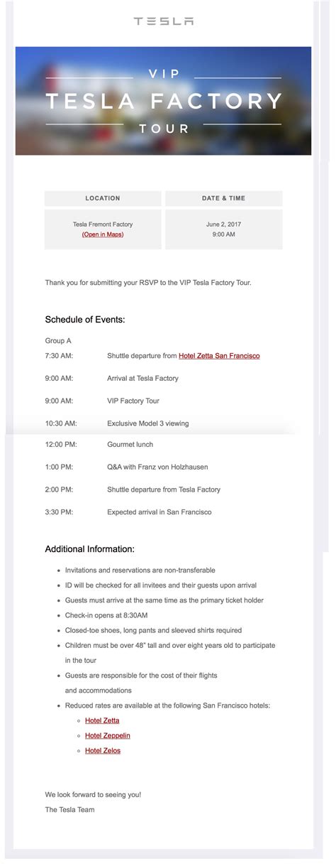 Here are the details for Tesla's exclusive VIP Factory Tour