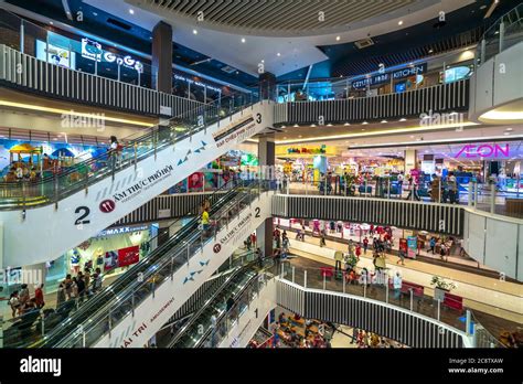 People at the AEON mall Binh Tan, top view. AEON mall shopping complex ...