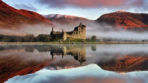 Reflection of Kilchurn Castle in Loch Awe, Highlands, Scotland - backiee