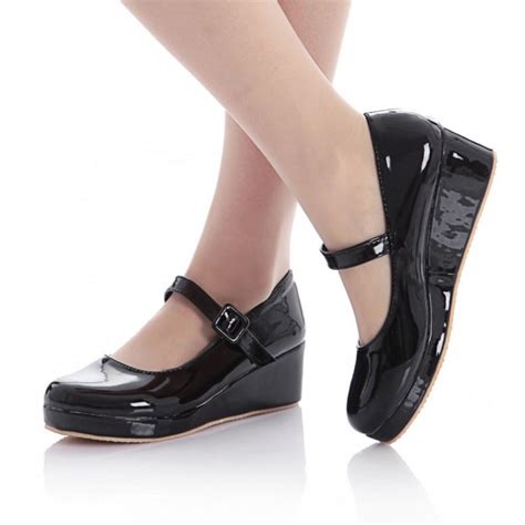 Black Patent Glossy Platforms Wedges Mary Jane Flats Shoes ...