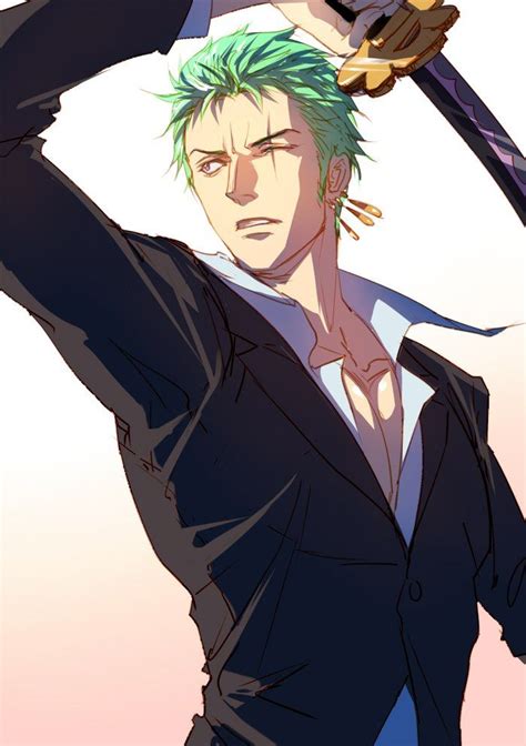 an anime character with green hair holding two swords over his head and ...