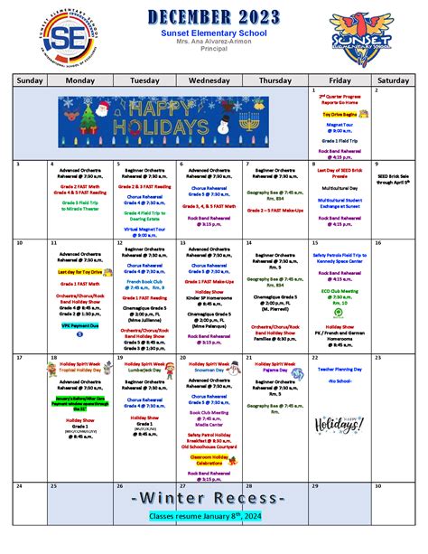 Monthly Activities Calendar – Sunset Elementary School