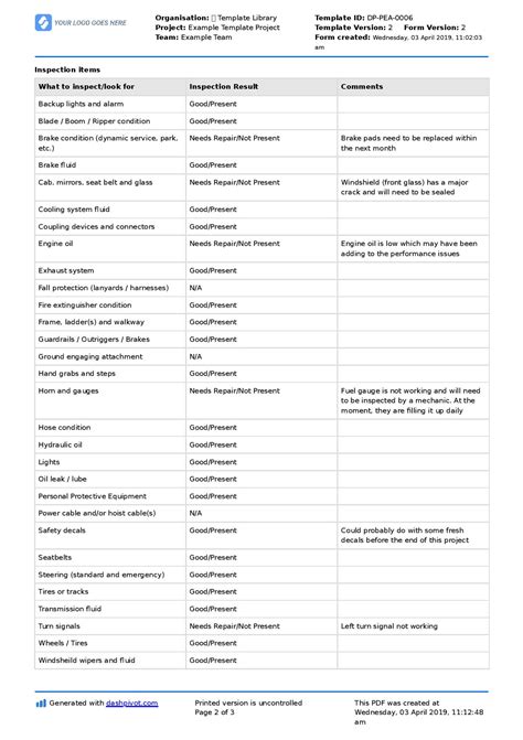 Equipment checklist Excel